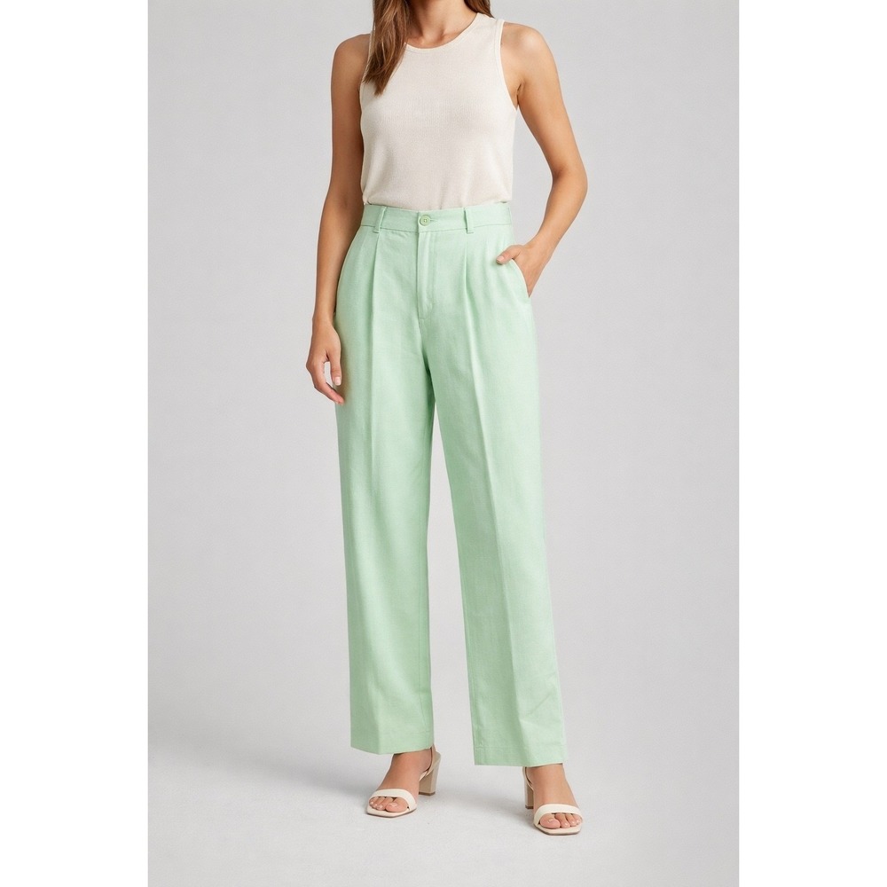 Zara Mint Green Pleated High‎ Waisted Straight Leg Trousers Pants Size S-M
